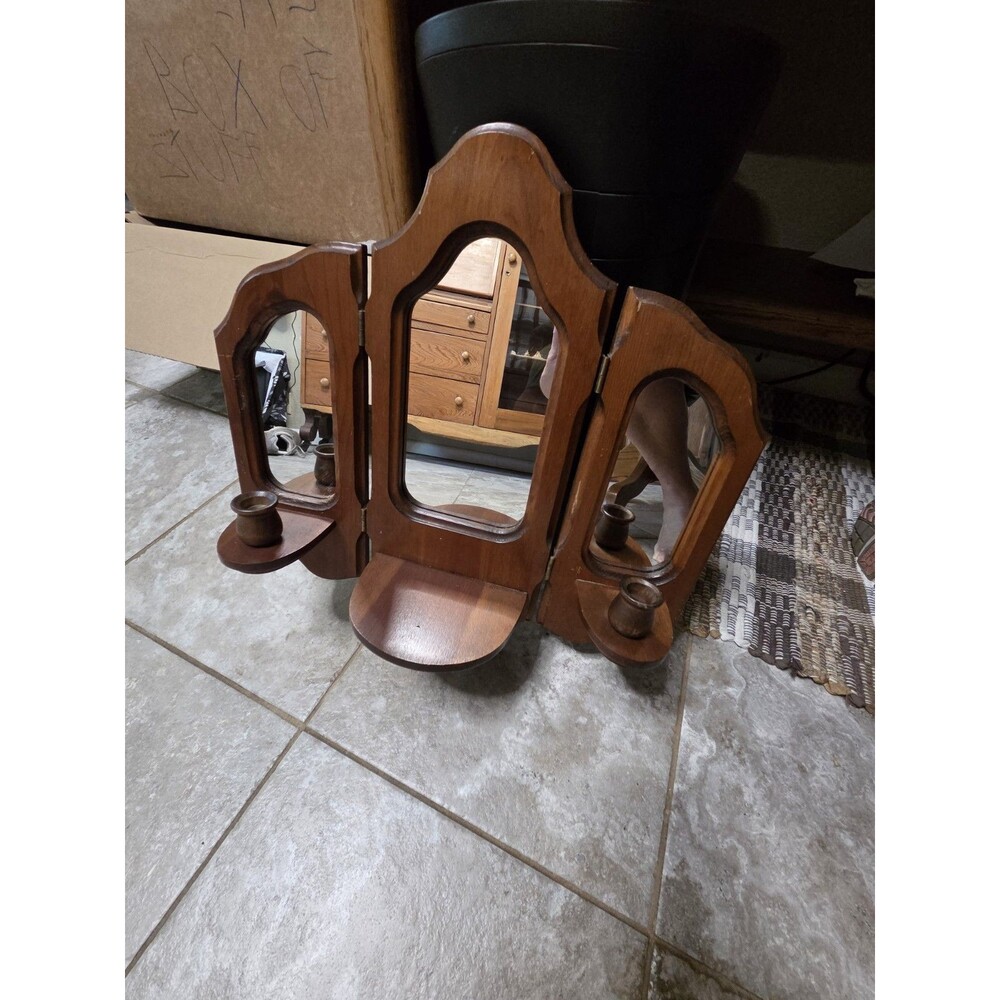 HOMCO MCM 3 SECTION FOLD WOODEN WALL SCONCE CANDLE HOLDER MIRROR